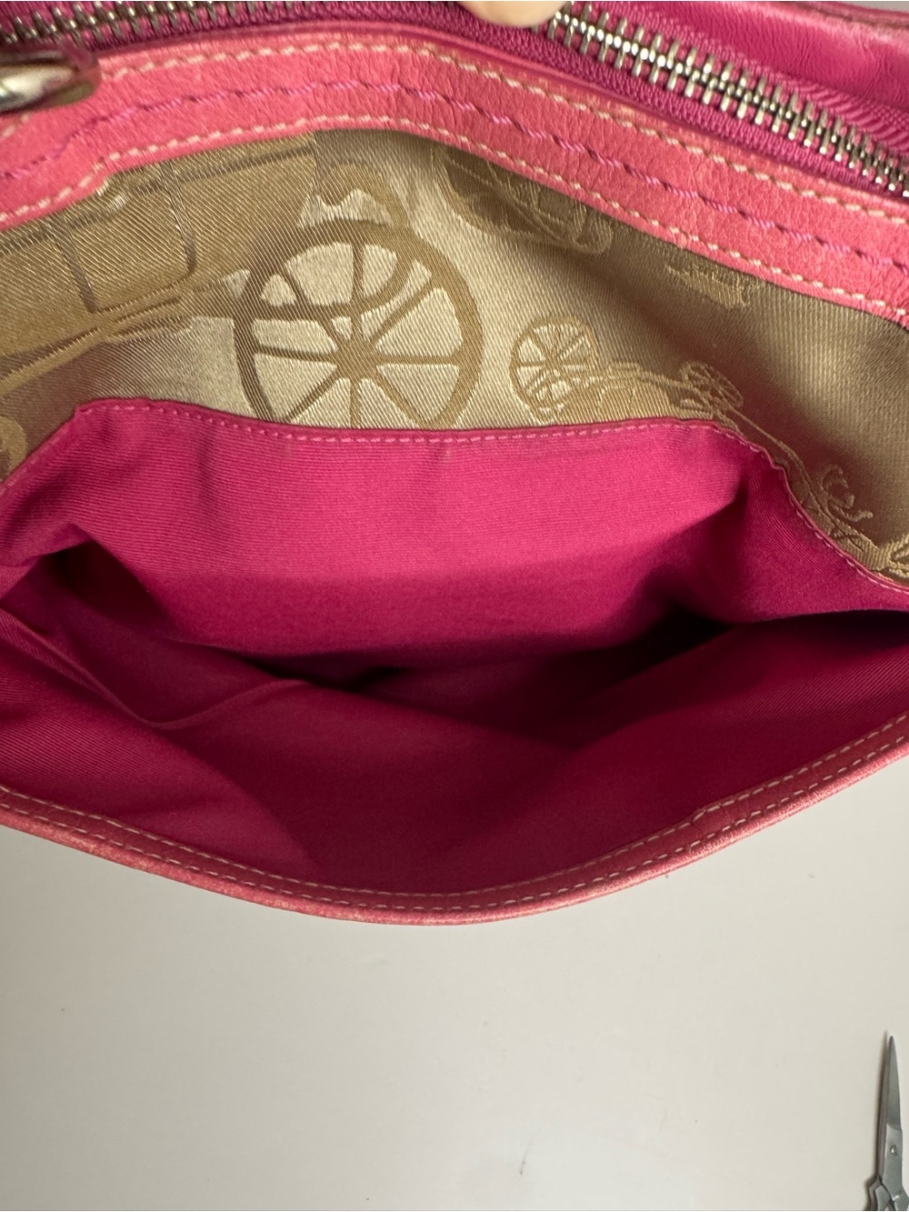 #419 Coach Signature Khaki Satin Horse & Carriage w/ Pink Leather Shoulder Tote - Picture 17 of 17